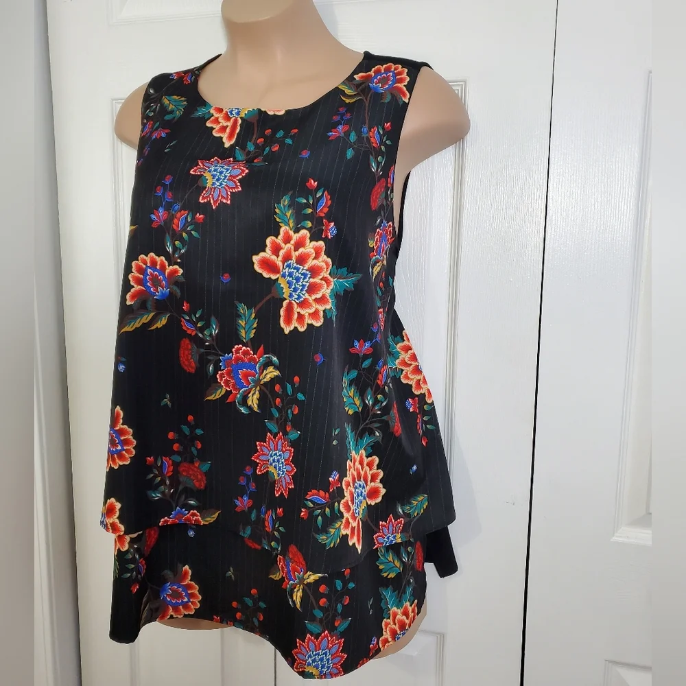 DG2 Diane Gilman Black Floral Layered Easy Tank Light Stripes 3XL ~ Pre-Owned - Picture 3 of 12